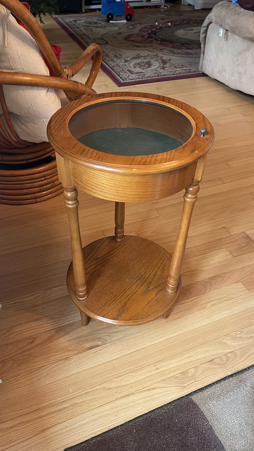 Vintage Round Wooden End Table with Glass Top  more pictures - photo 5