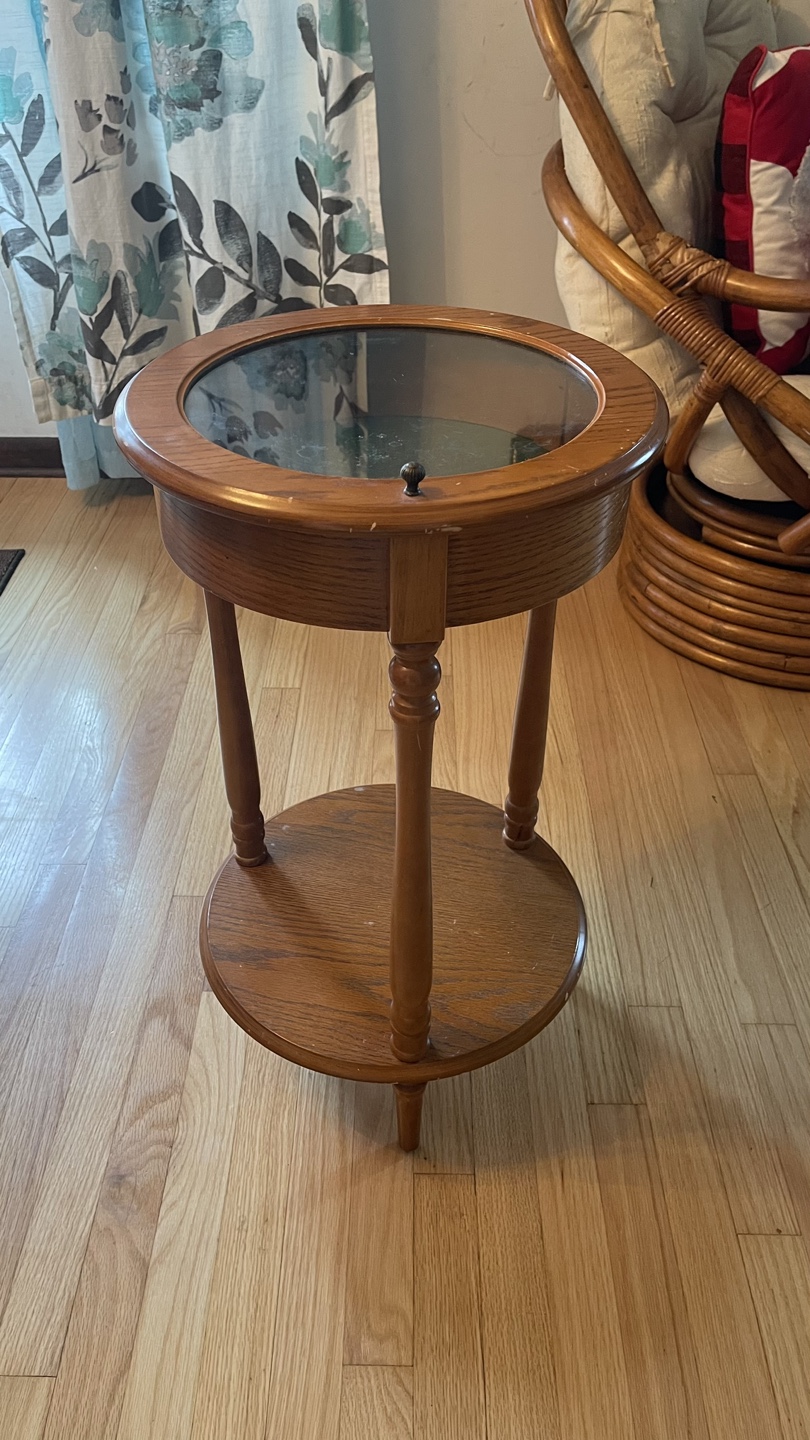 Vintage Round Wooden End Table with Glass Top  more pictures