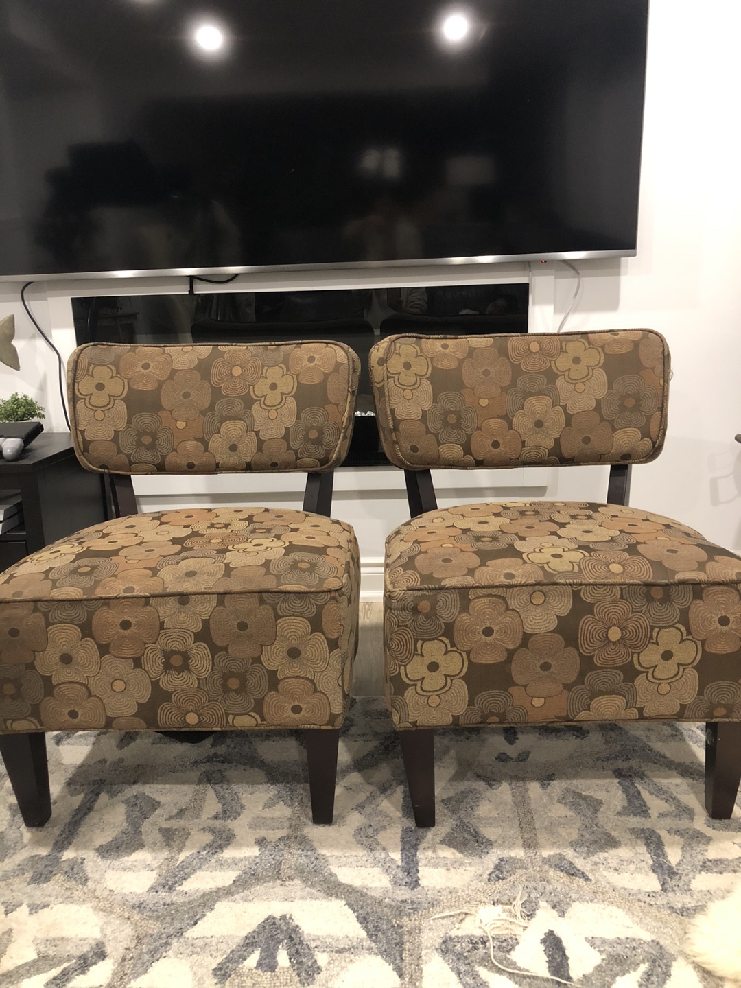 Two Brown Floral Accent Chairs