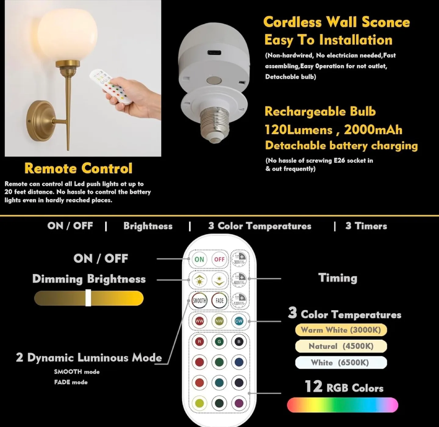 Cordless Rechargeable Wall Sconces Set of 2 image indicator(4)