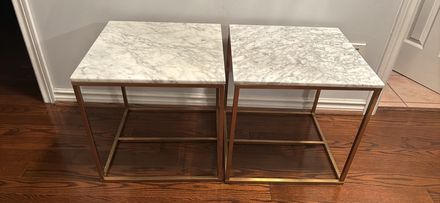 Structube End Table Set - White Marble Top with Gold Frame