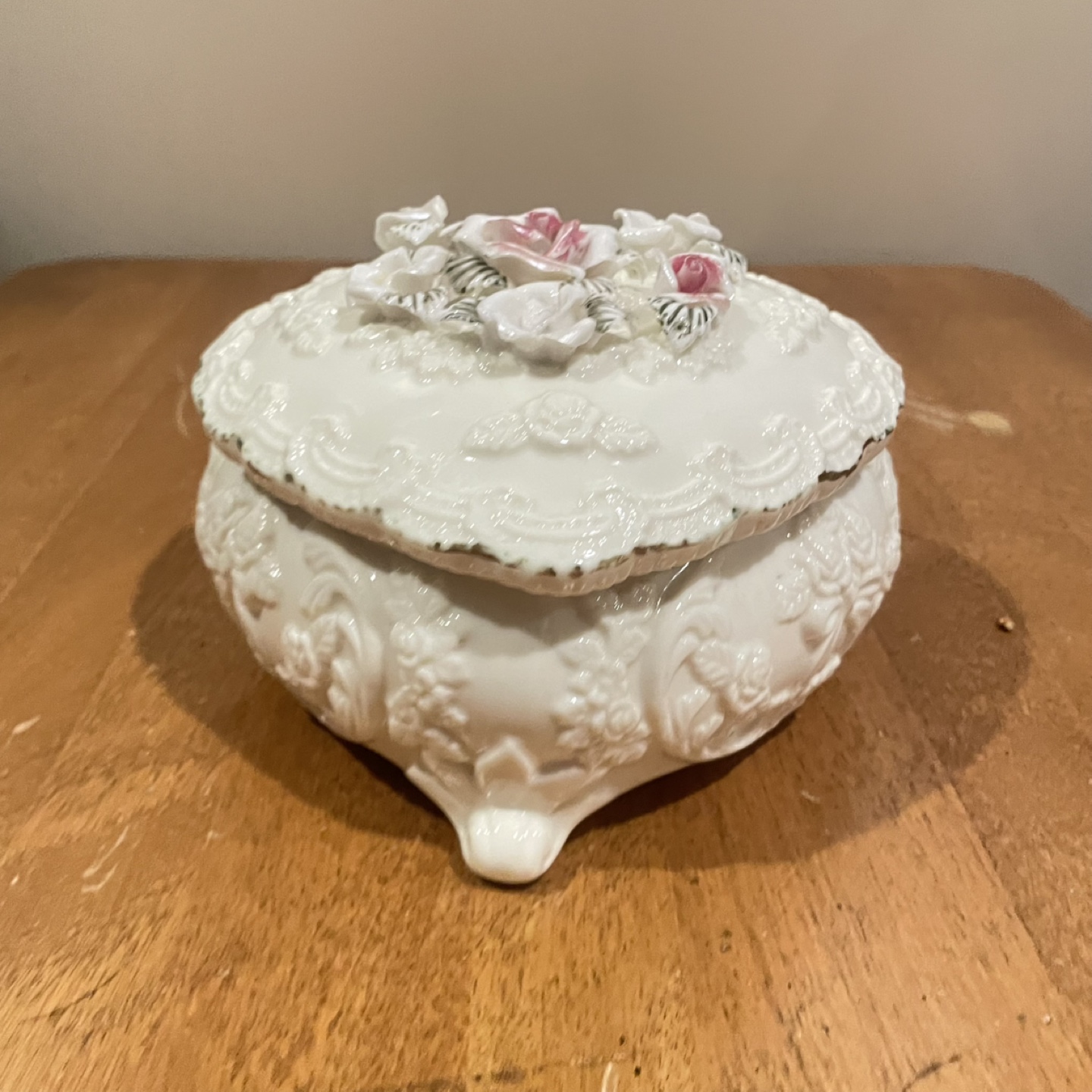 Vintage Porcelain Heart Shaped Trinket Box with Roses