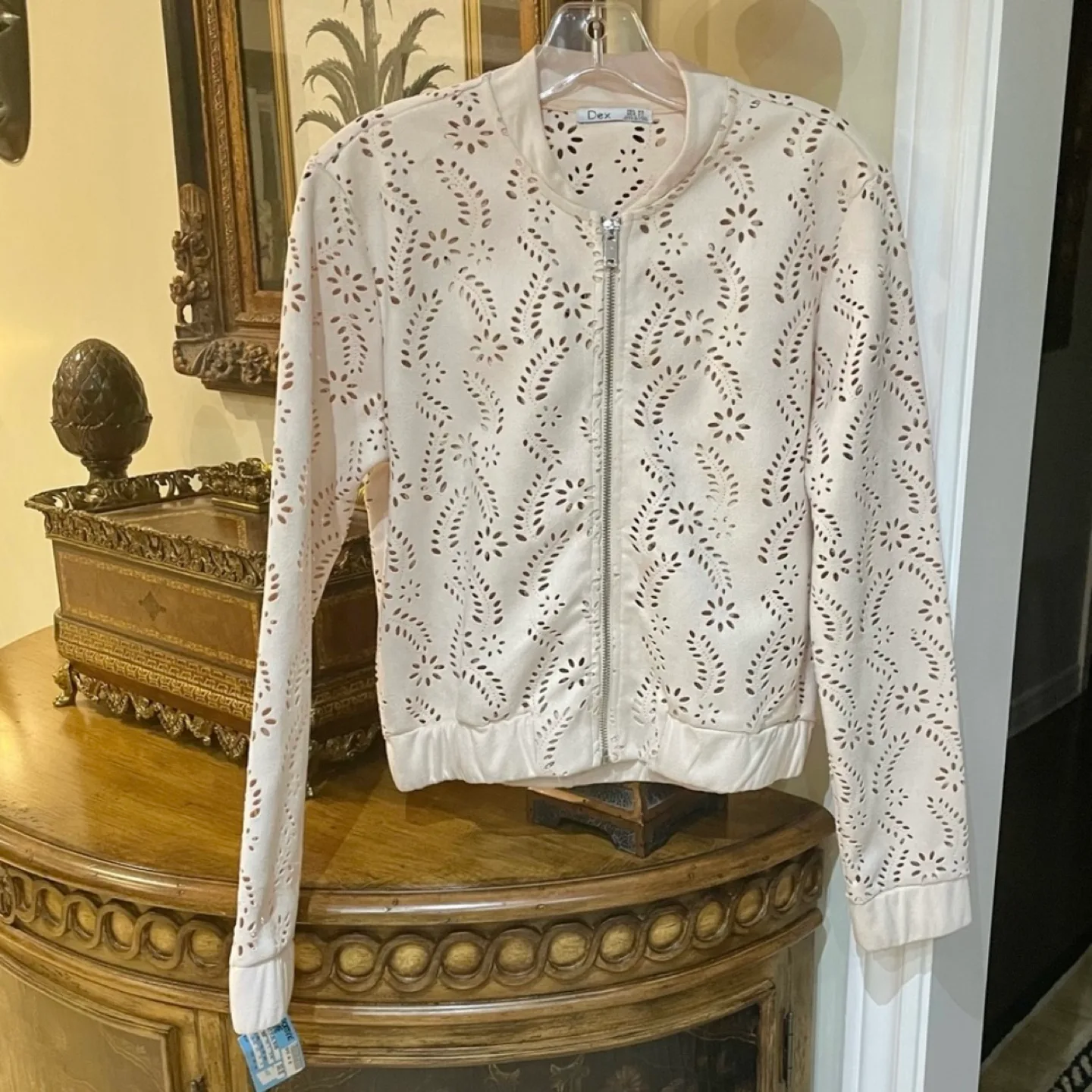 DEX Laser Cut Pale Blush Floral Bomber Jacket image indicator(2)