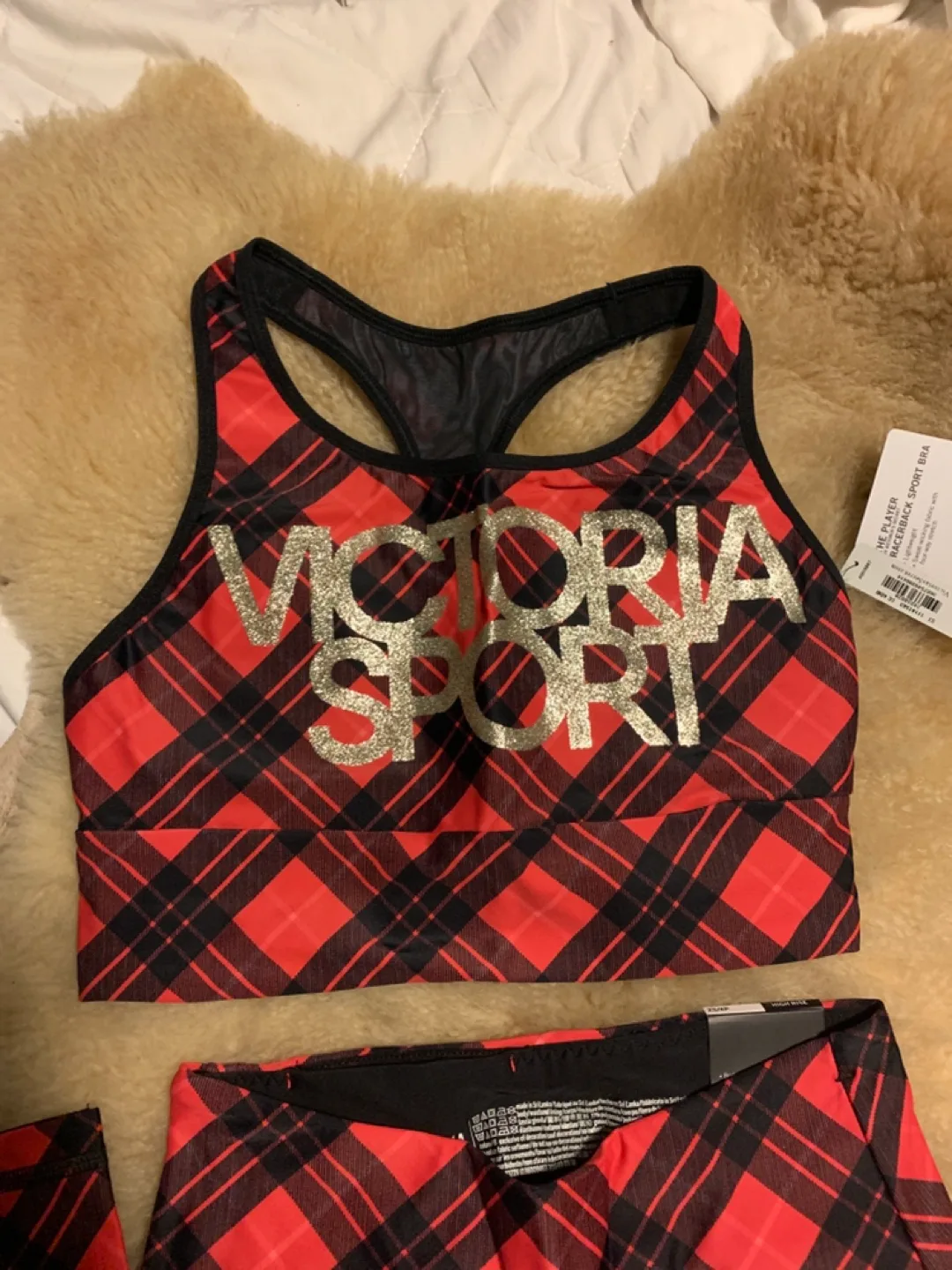 Victoria's Secret Sport Red Plaid Leggings & Bra Set image indicator(2)