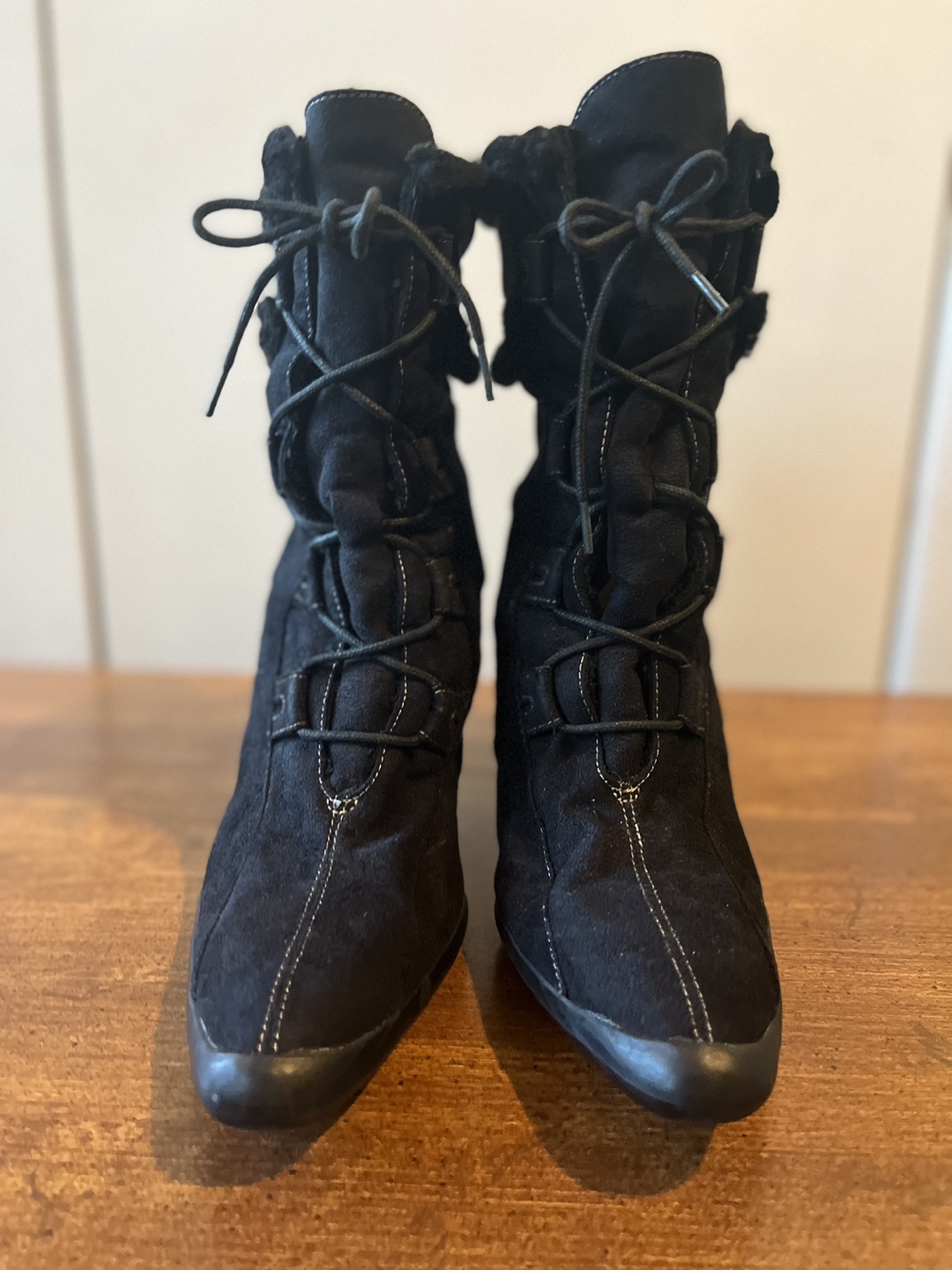 Timeless Black Suede Y2k Lace Up Heeled Ankle Bootie - photo 2