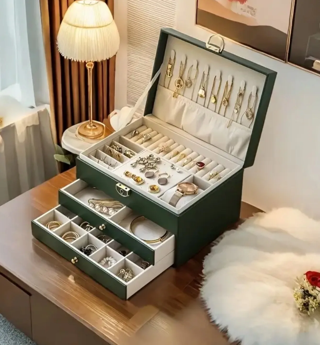 Green Leather Jewelry Box Organizer with 3 Drawers image indicator(2)