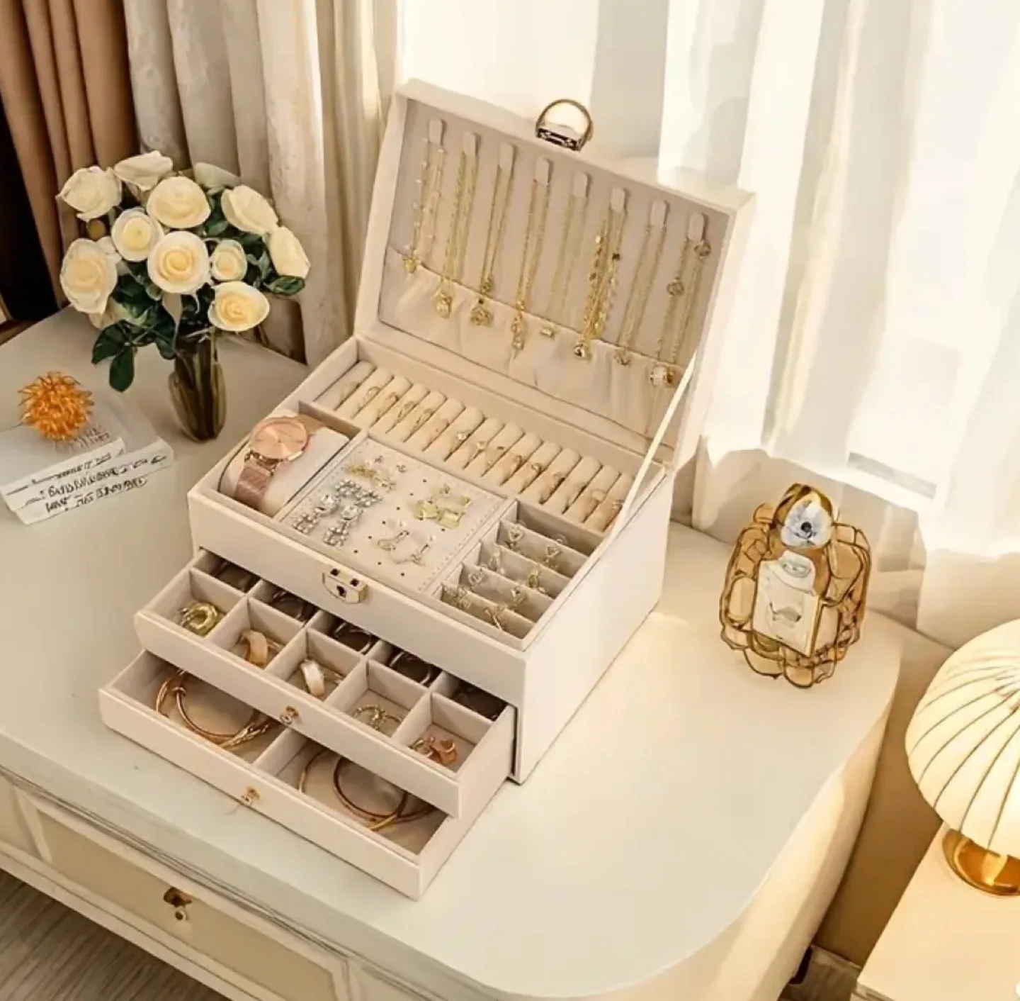 Green Leather Jewelry Box Organizer with 3 Drawers image indicator(3)