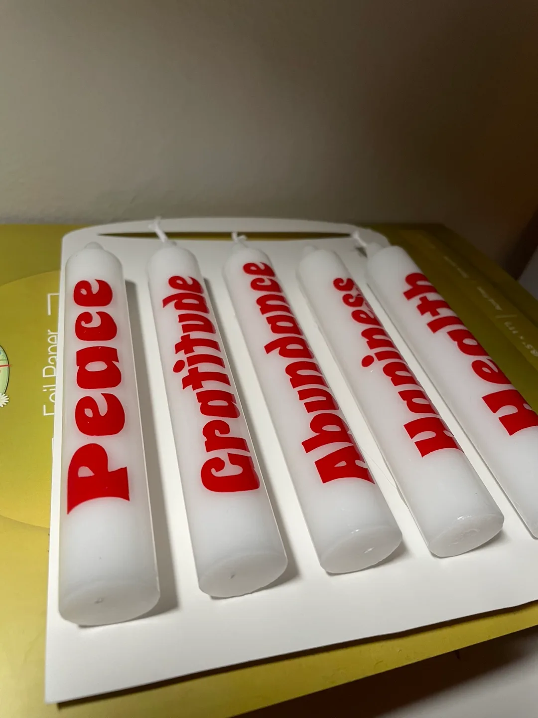 Set of 5 White Candles with Red Words image indicator(3)