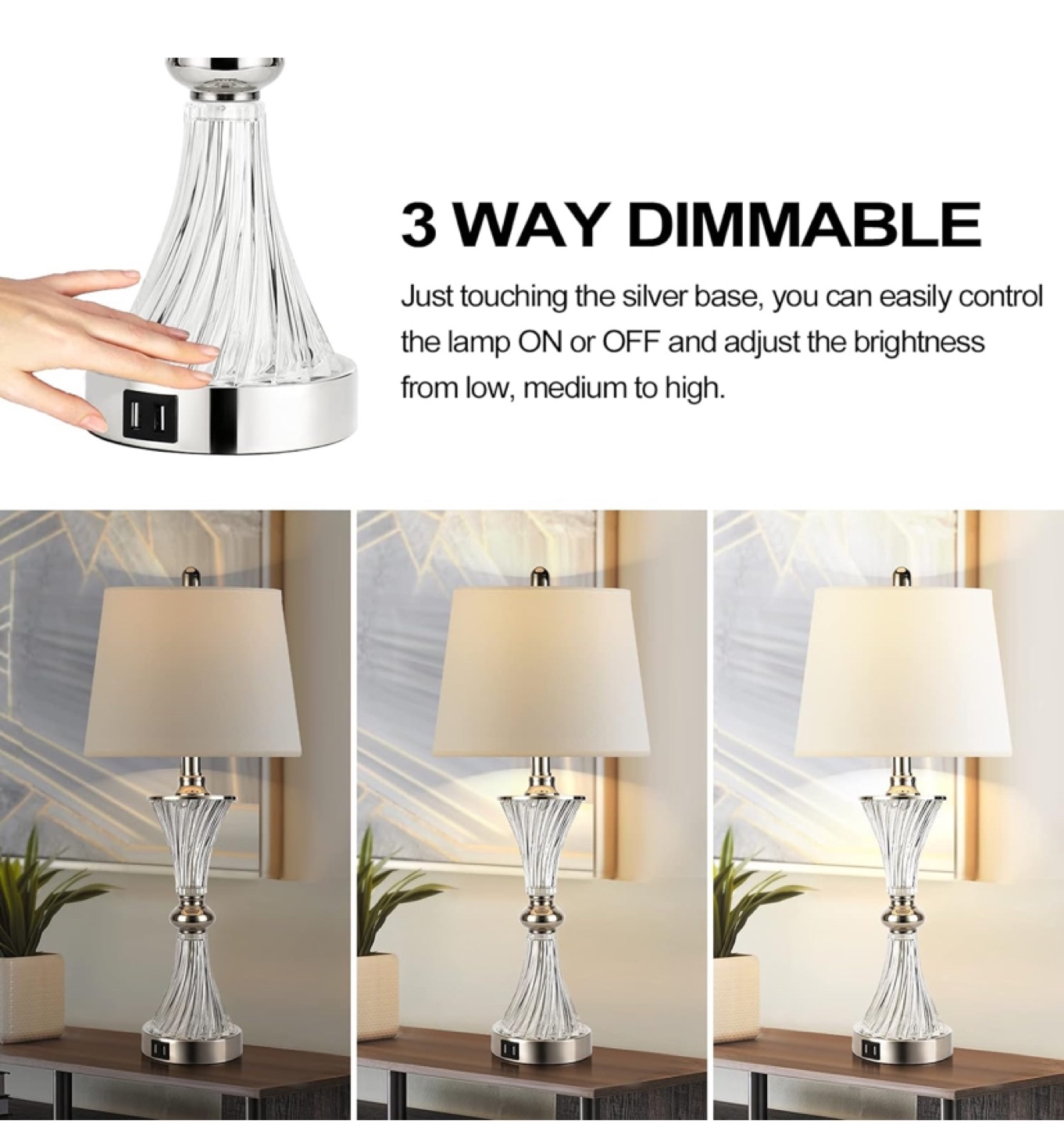 Modern Crystal Table Lamps with USB Charging Ports - Set of 2 - photo 4