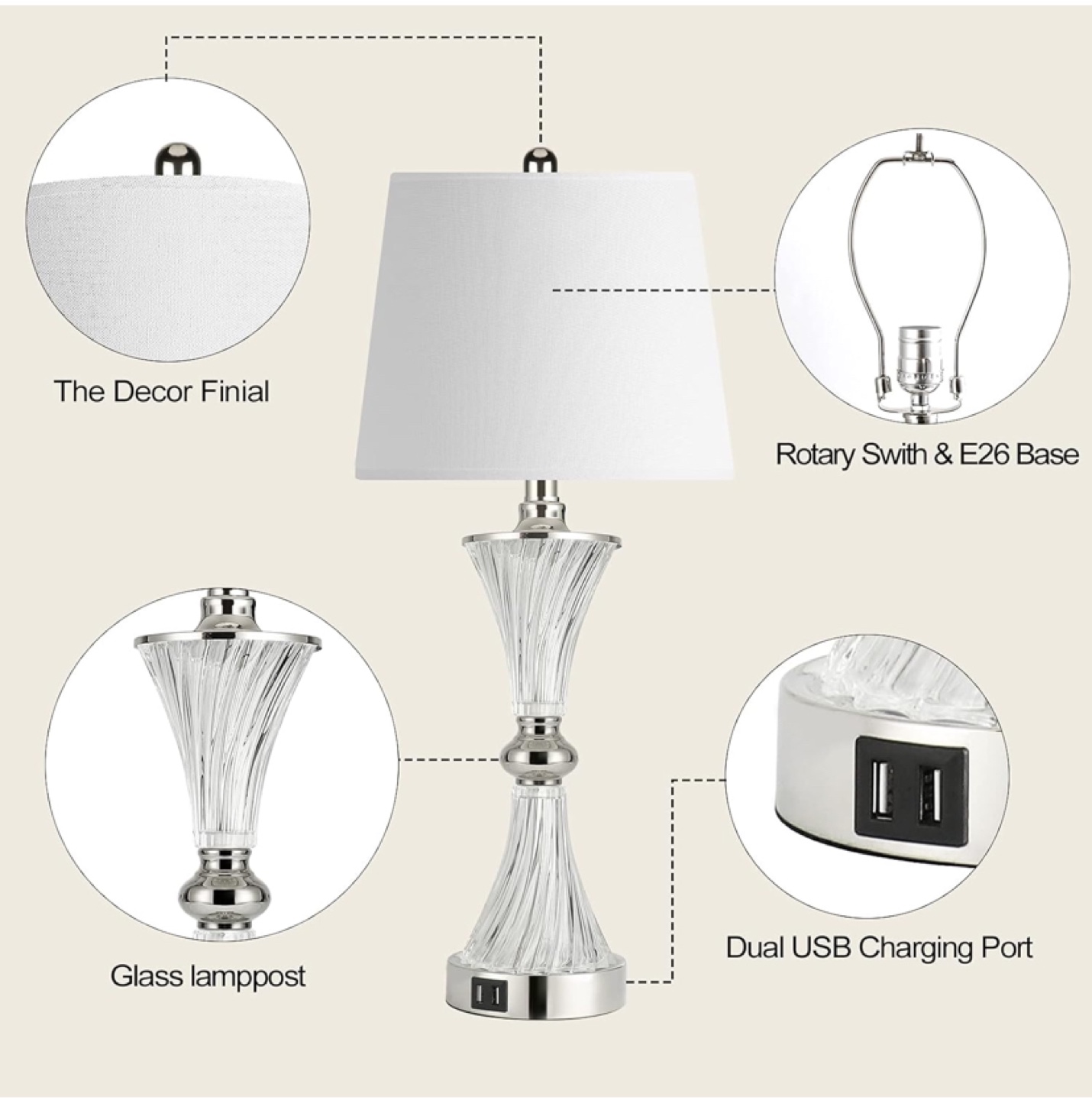 Modern Crystal Table Lamps with USB Charging Ports - Set of 2 - photo 5