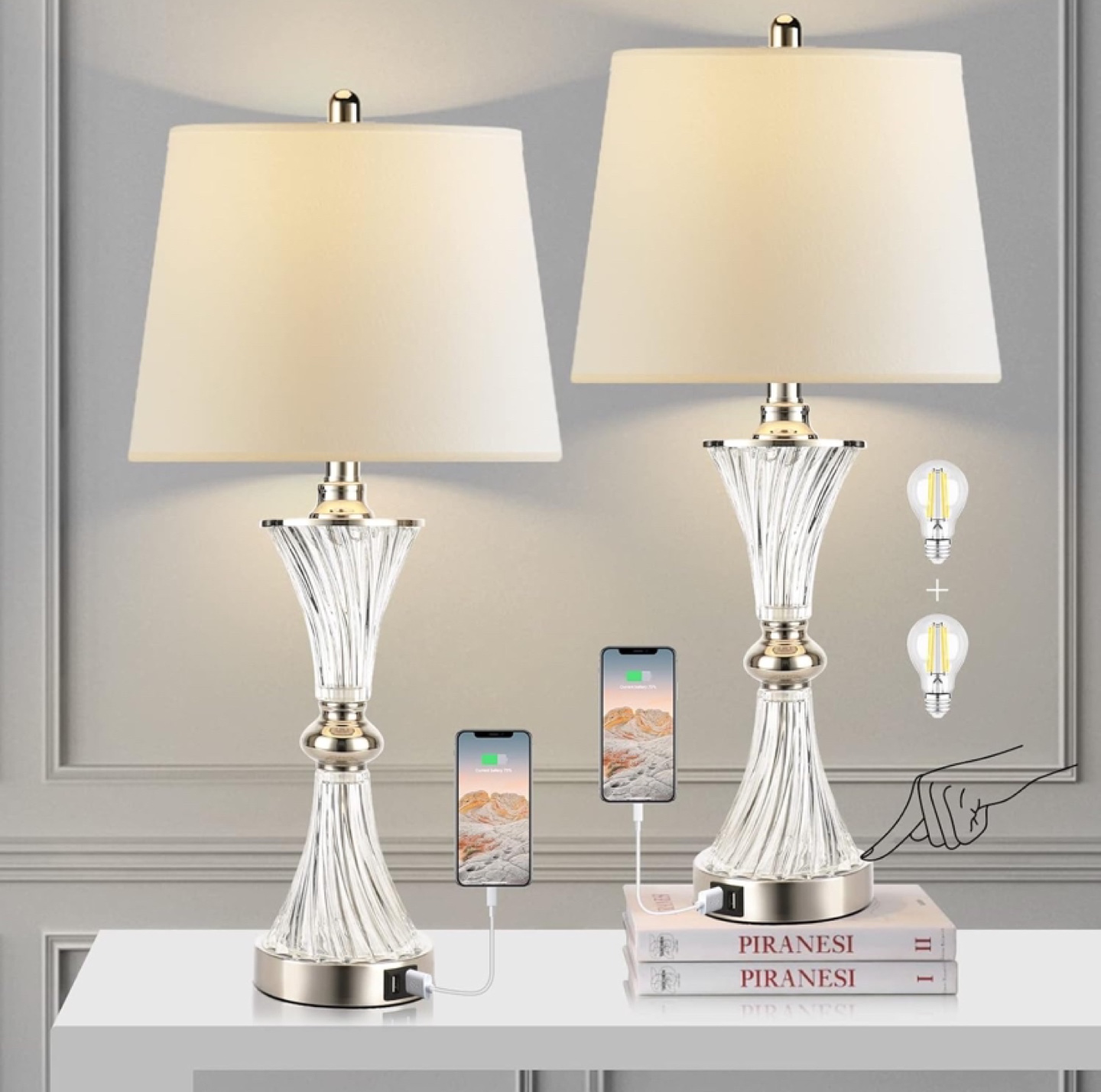 Modern Crystal Table Lamps with USB Charging Ports - Set of 2 - photo 2