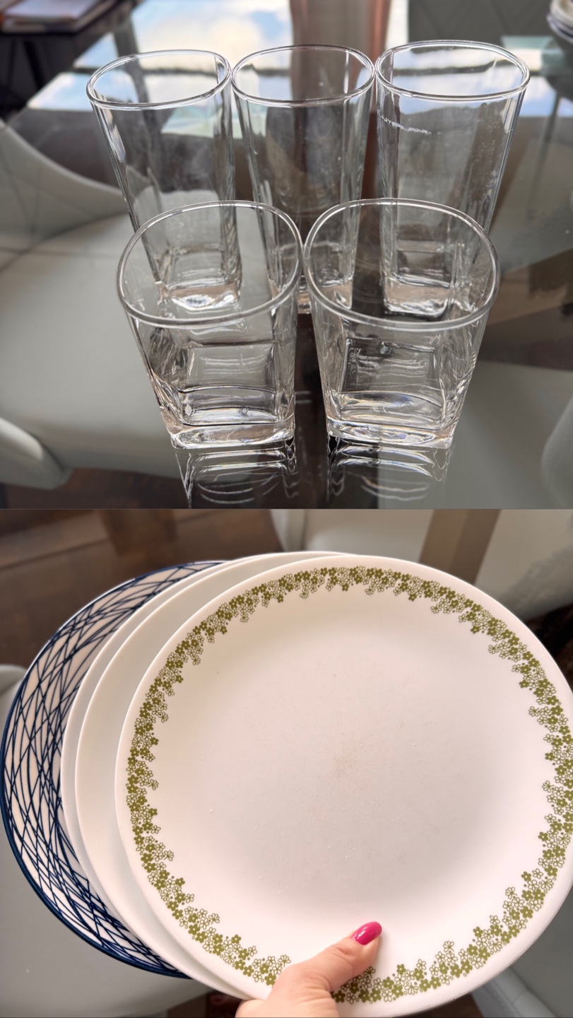 4 plates and 5 glasses
