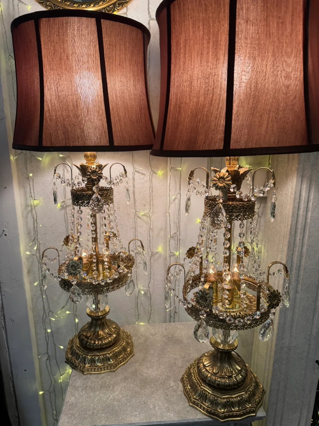 Antique Pair of Crystal & Brass Gold Table Lamps image indicator(2)