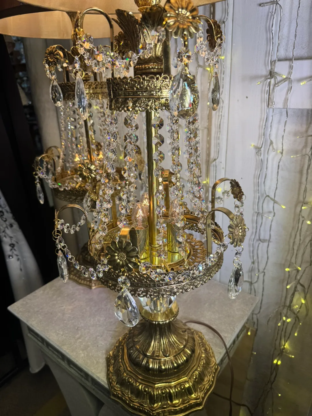 Antique Pair of Crystal & Brass Gold Table Lamps image indicator(6)