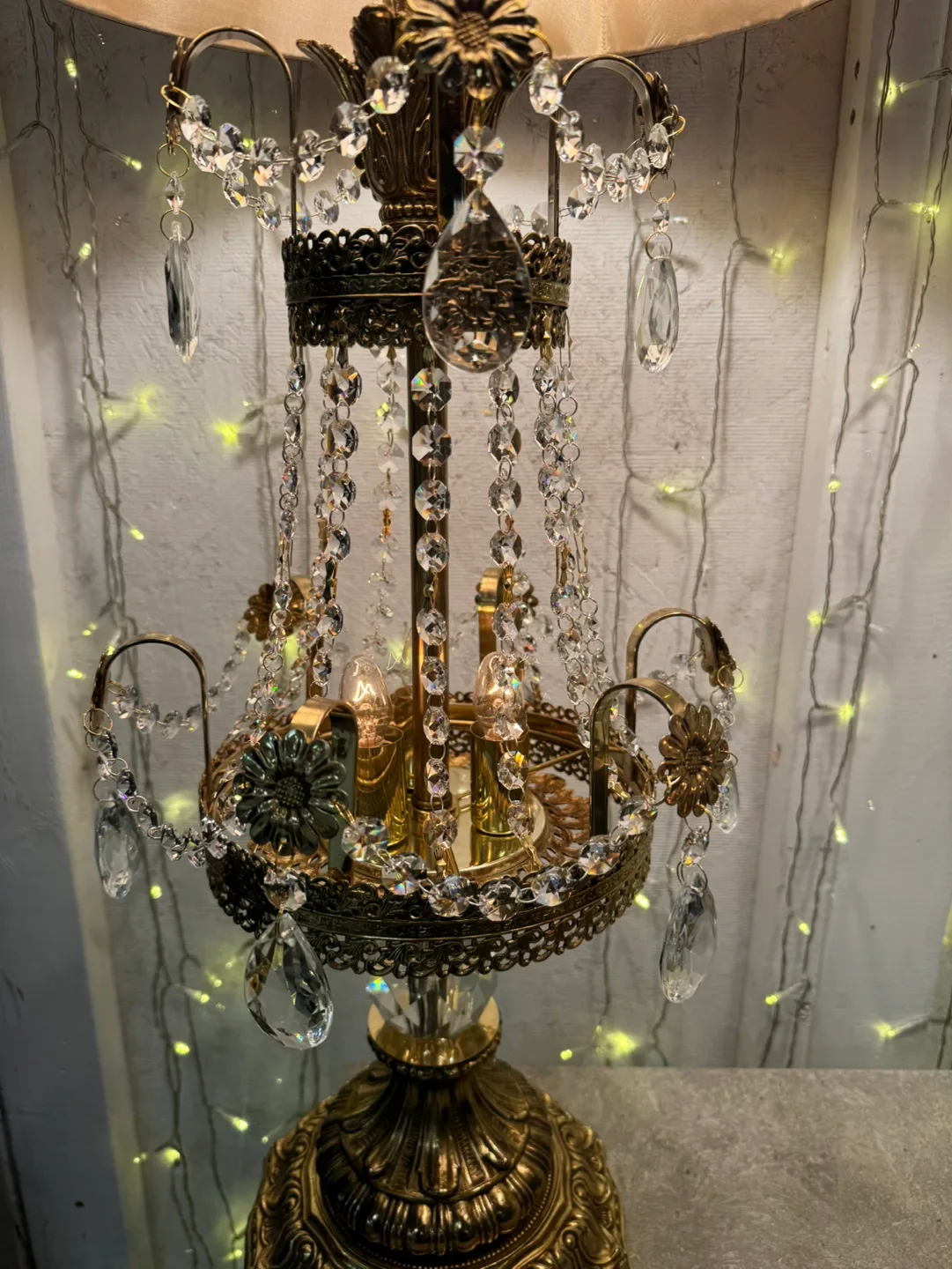 Antique Pair of Crystal & Brass Gold Table Lamps image indicator(3)