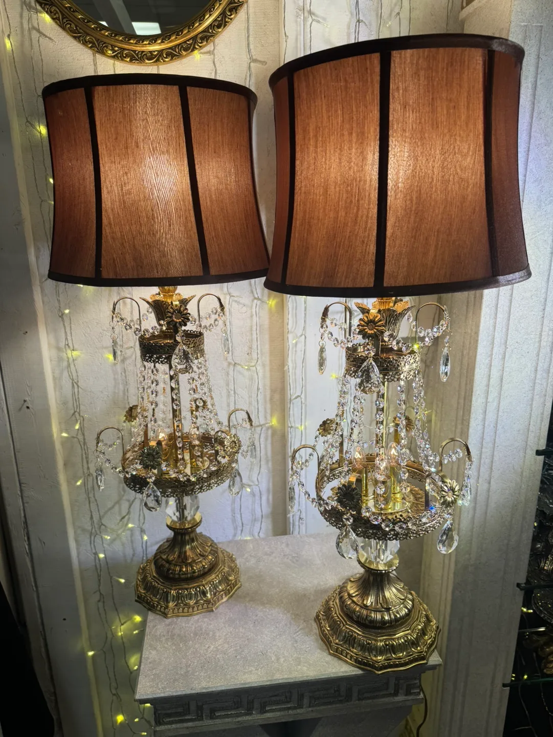 Antique Pair of Crystal & Brass Gold Table Lamps image indicator(7)