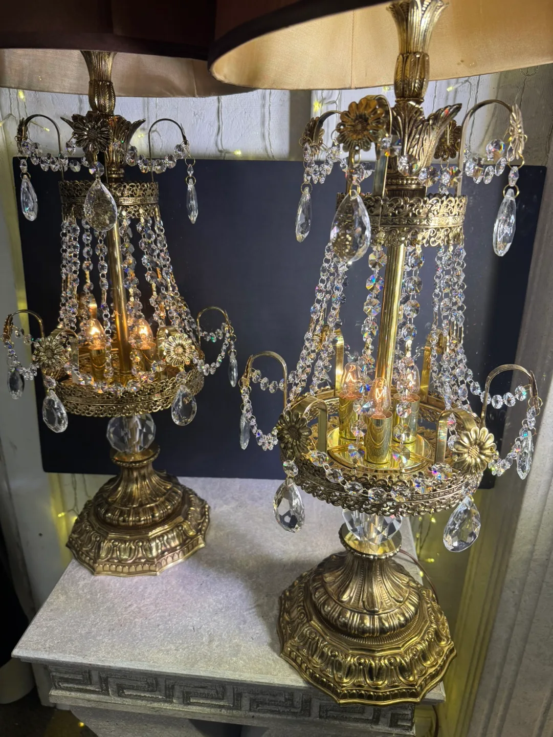 Antique Pair of Crystal & Brass Gold Table Lamps image indicator(8)