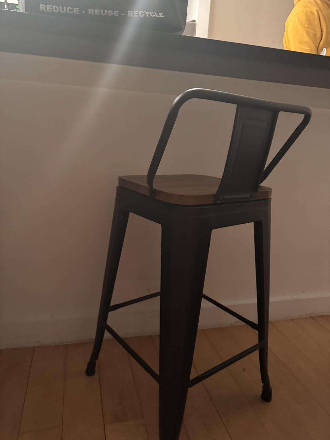 Set of 3 Black Metal Bar Stools with Wooden Seat