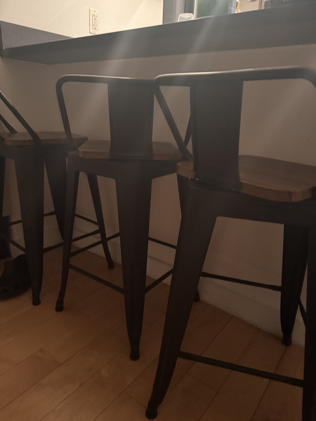 Set of 3 Black Metal Bar Stools with Wooden Seat - photo 2