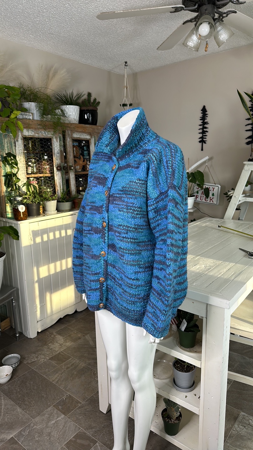 World Folk Art Blue and Grey Knit Cardigan