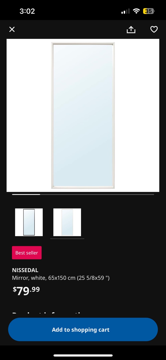 IKEA NISSEDAL Mirror, White, 65x150 cm