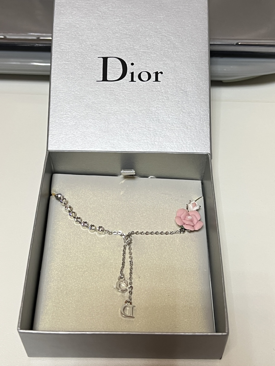 Dior Silver Tone Necklace with Pink Flowers