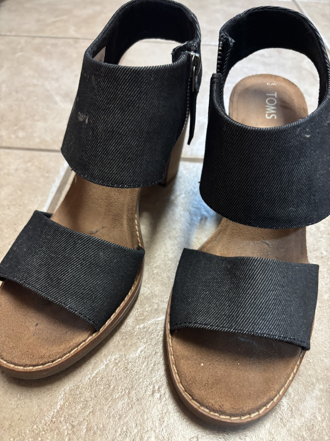 TOMS Black Denim Block Heel Sandals