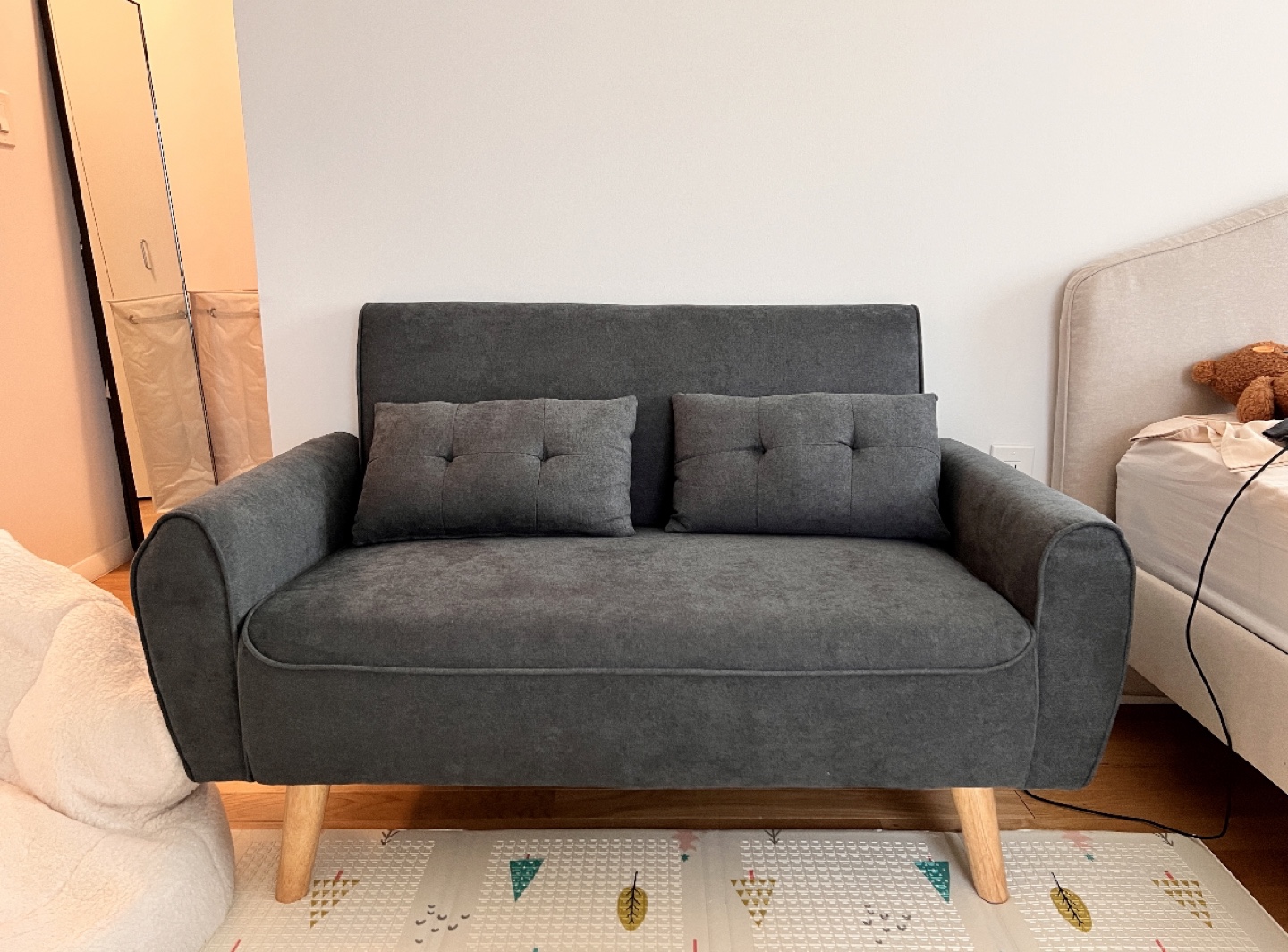 Gray Loveseat with Wooden Legs