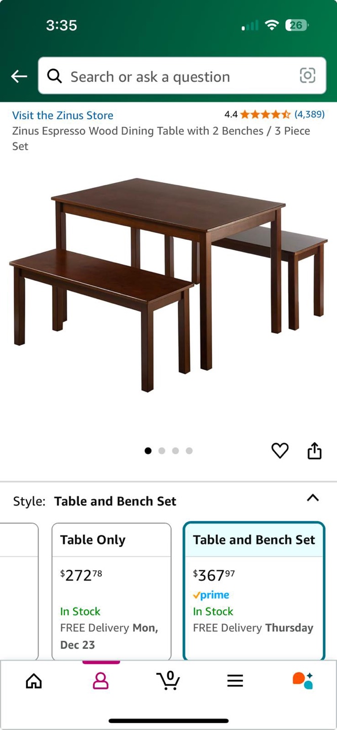 Zinus Espresso Wood Dining Table and Bench Set - photo 4