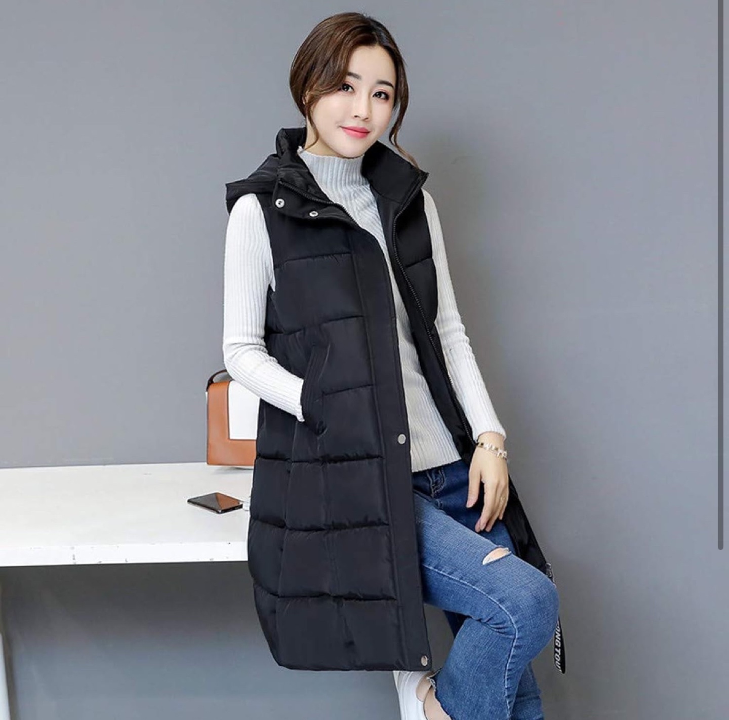 NEW! Black Long Puffer Vest with Hood - photo 2