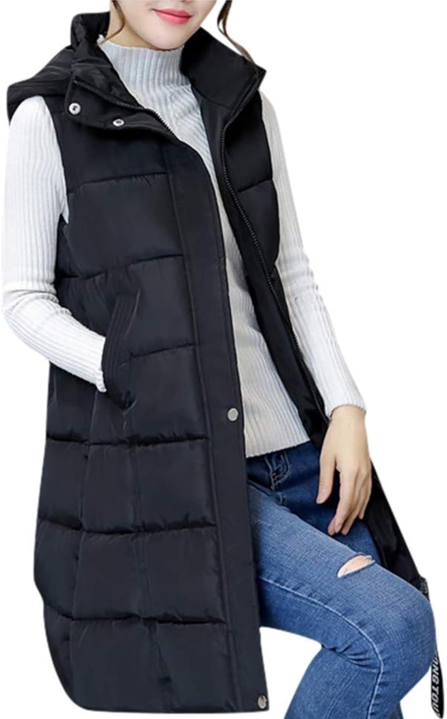 NEW! Black Long Puffer Vest with Hood
