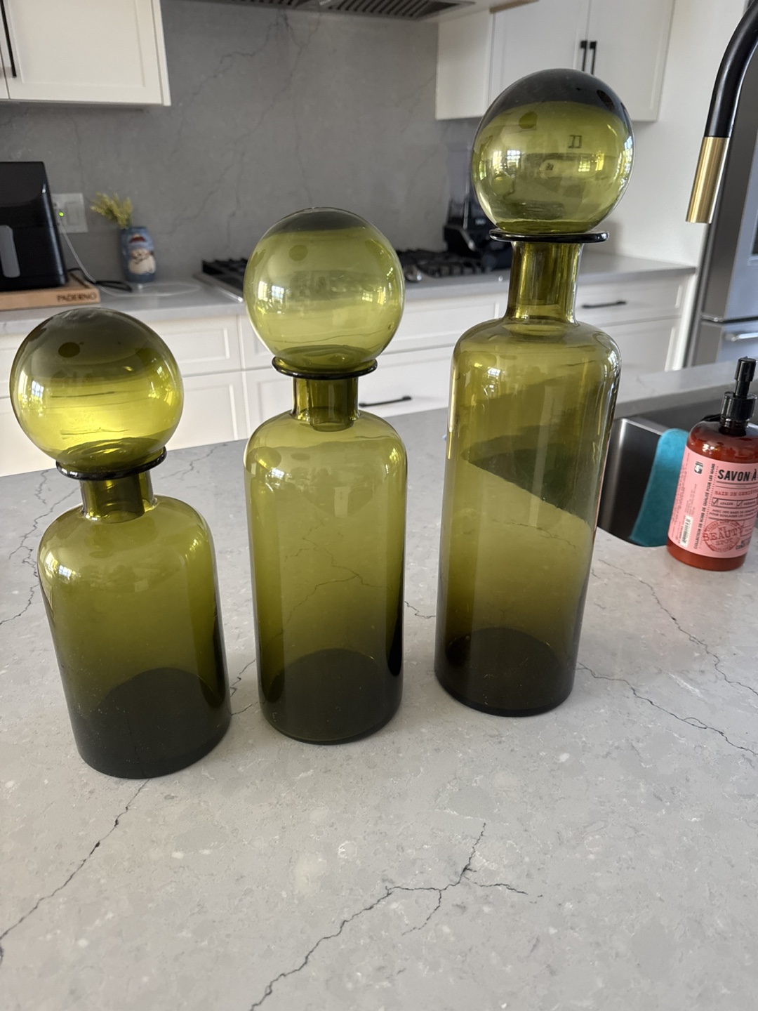 Set of 3 Green Glass Bottles