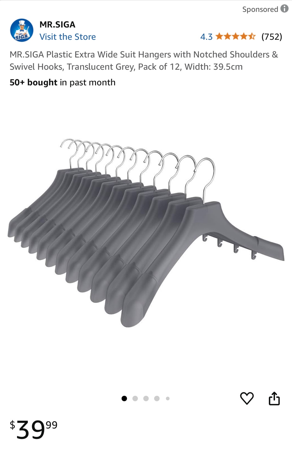 5 Plastic Extra Wide Suit Hangers with Notched Shoulders