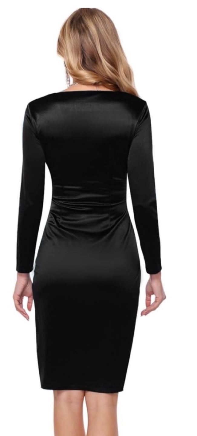 Black Satin Long Sleeve V-Neck Midi Dress - photo 2