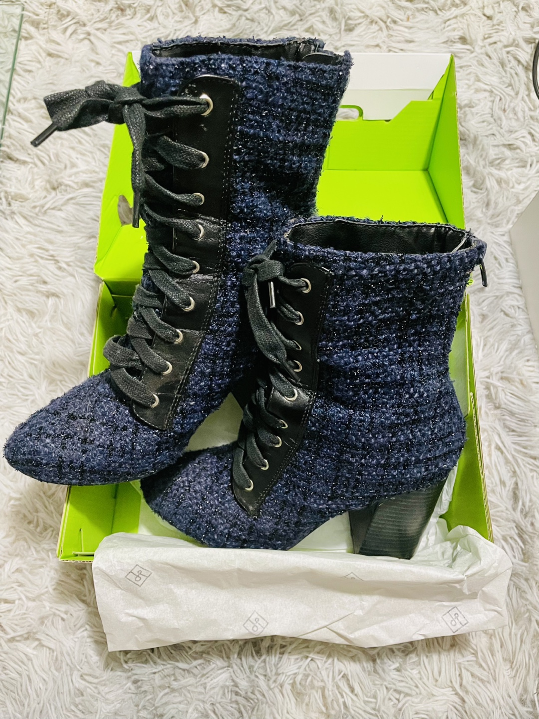 Blue Tweed Lace-Up Booties
