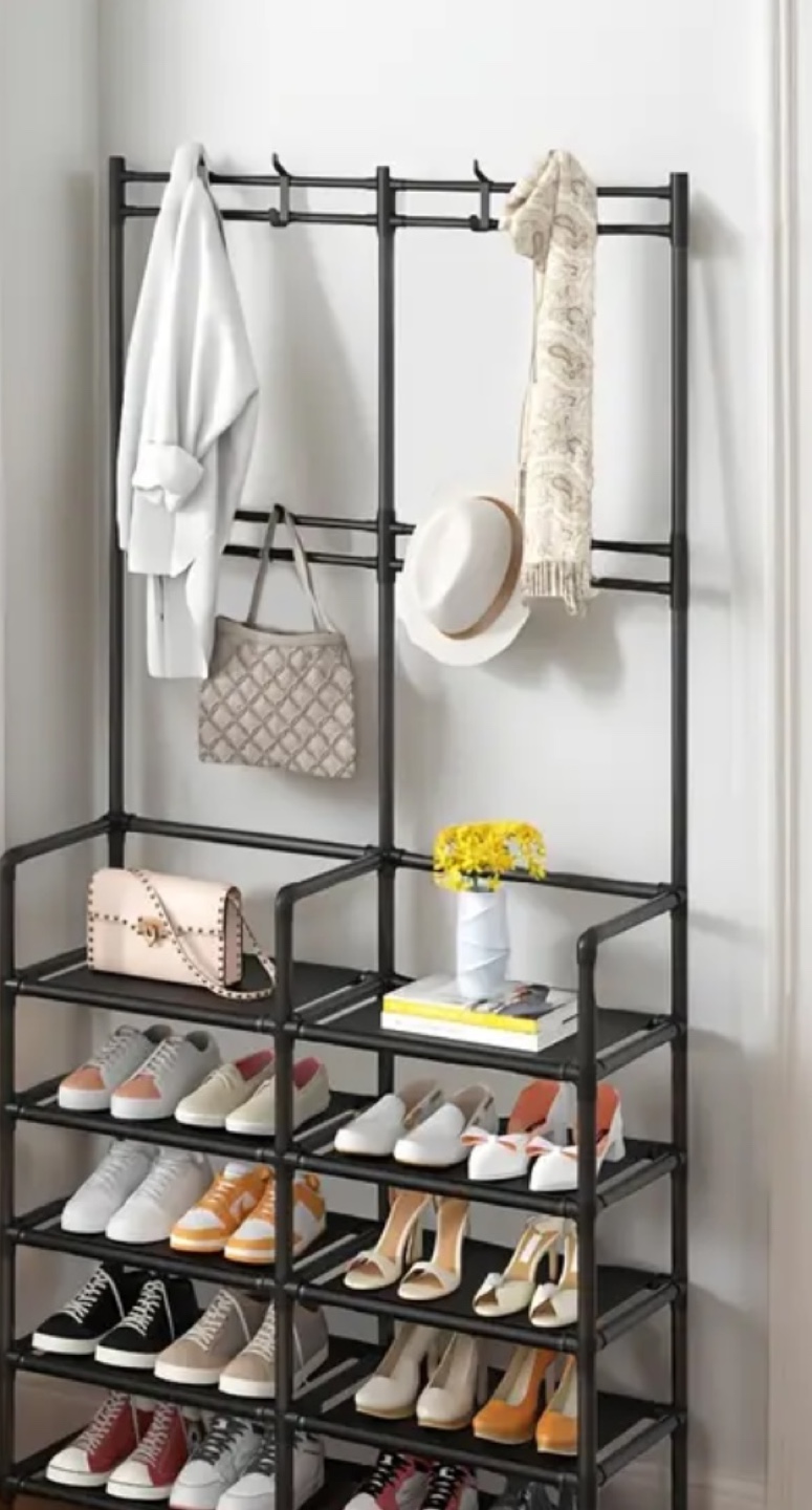 Black Metal Floor Coat Rack with Shoe Storage