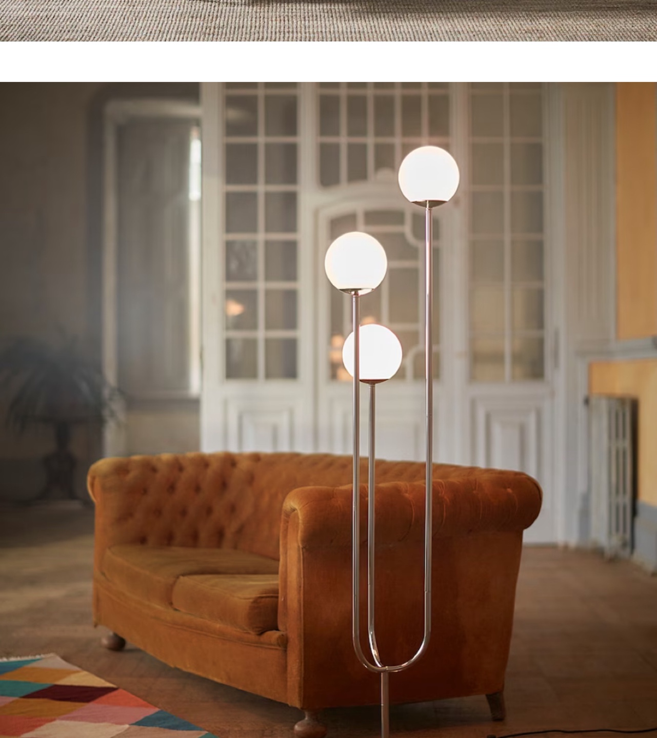 Chrome floor lamp with three white globe light fixtures - photo 2