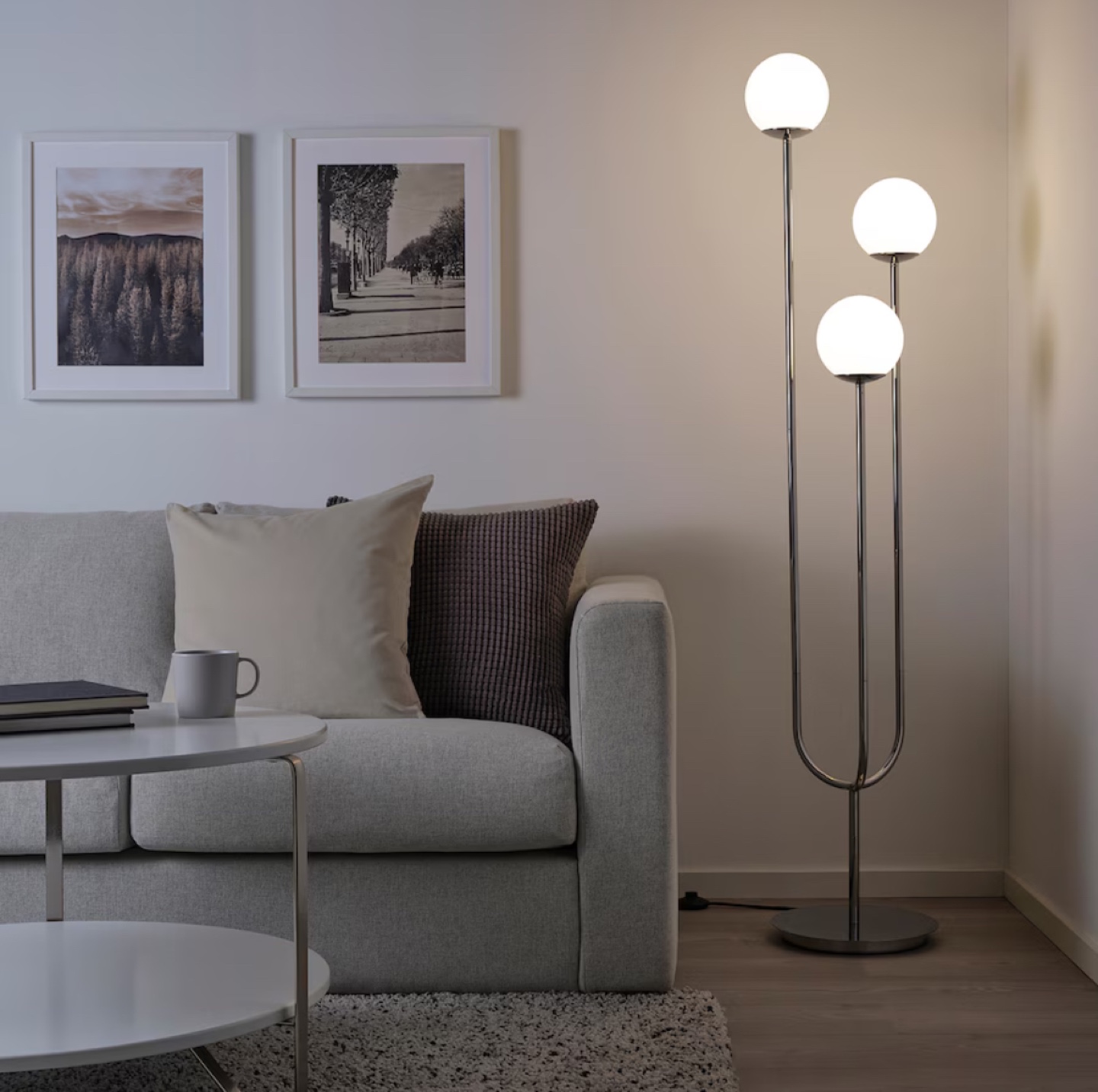 Chrome floor lamp with three white globe light fixtures - photo 3