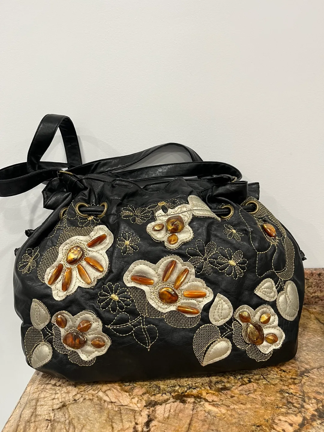 Black Leather Floral Embellished Handbag thumbnail