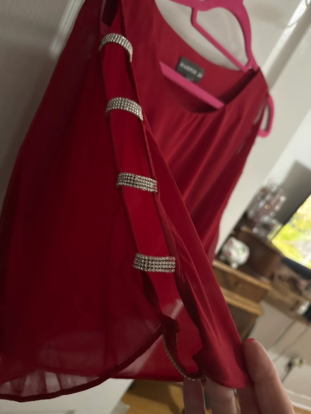 Red Chiffon Top with Rhinestone Detail image indicator(2)