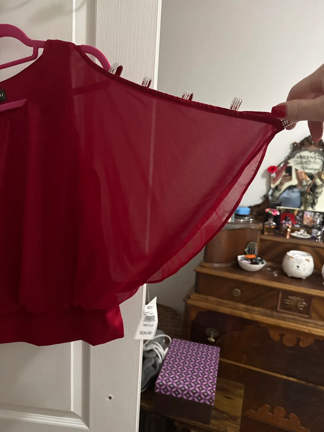 Red Chiffon Top with Rhinestone Detail image indicator(3)