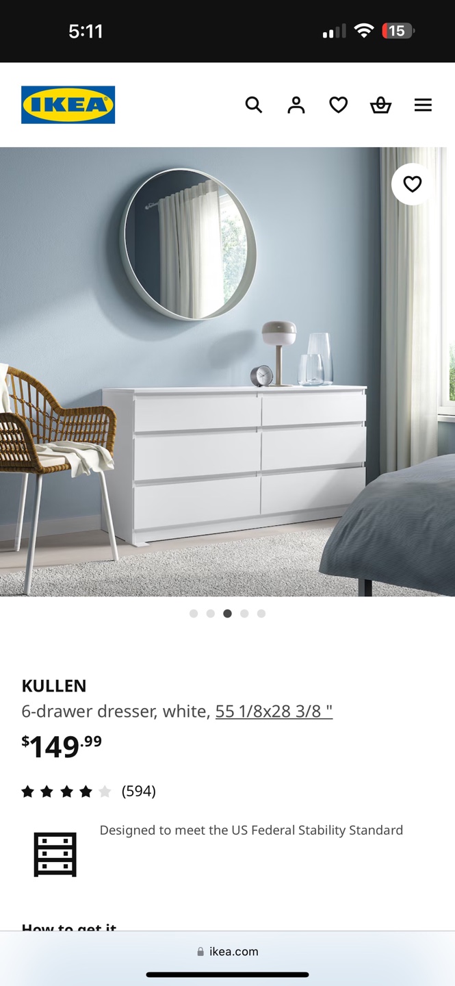 IKEA KULLEN 6-Drawer Dresser, White