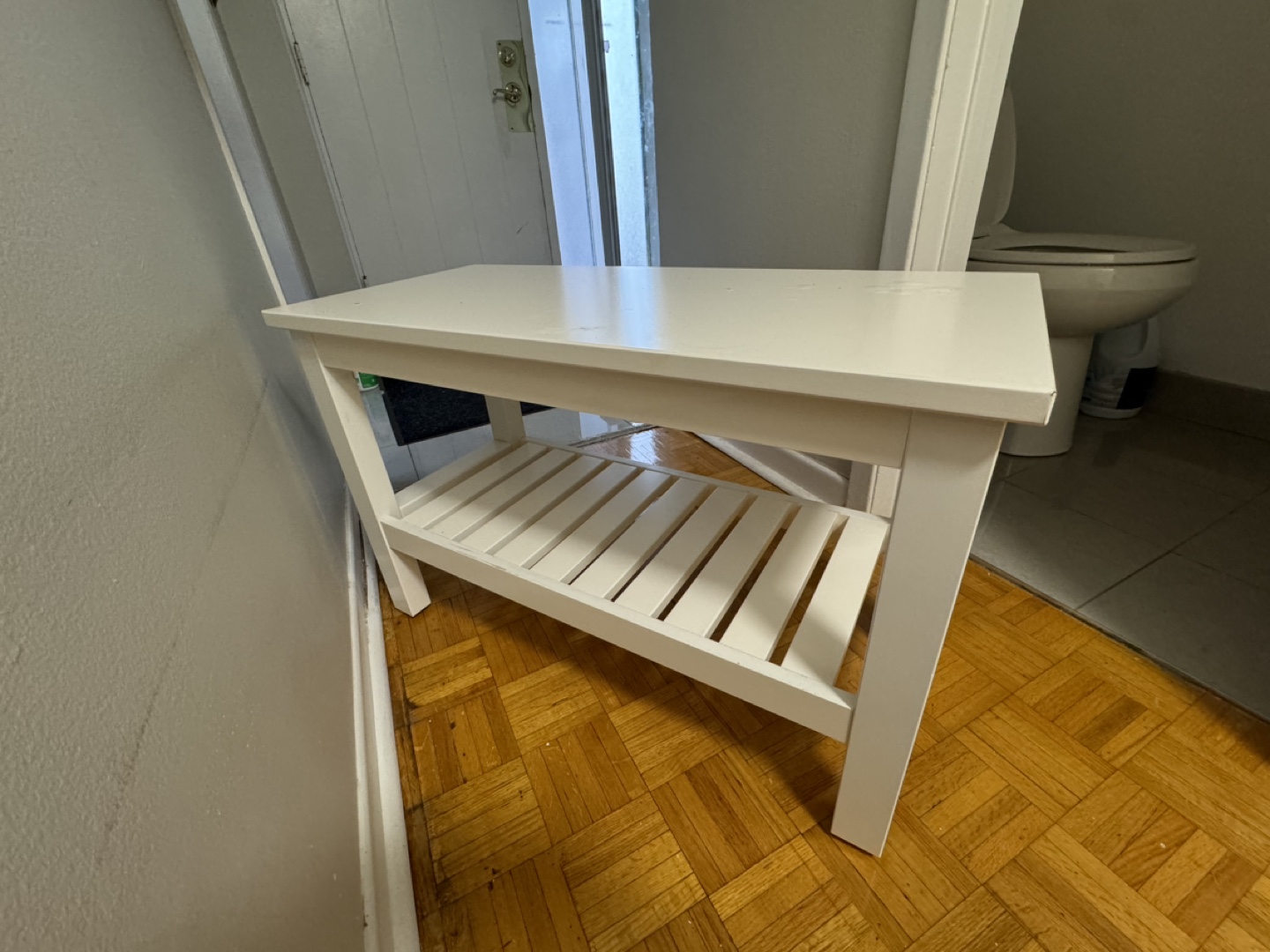 Ikea white wooden bench with shelf