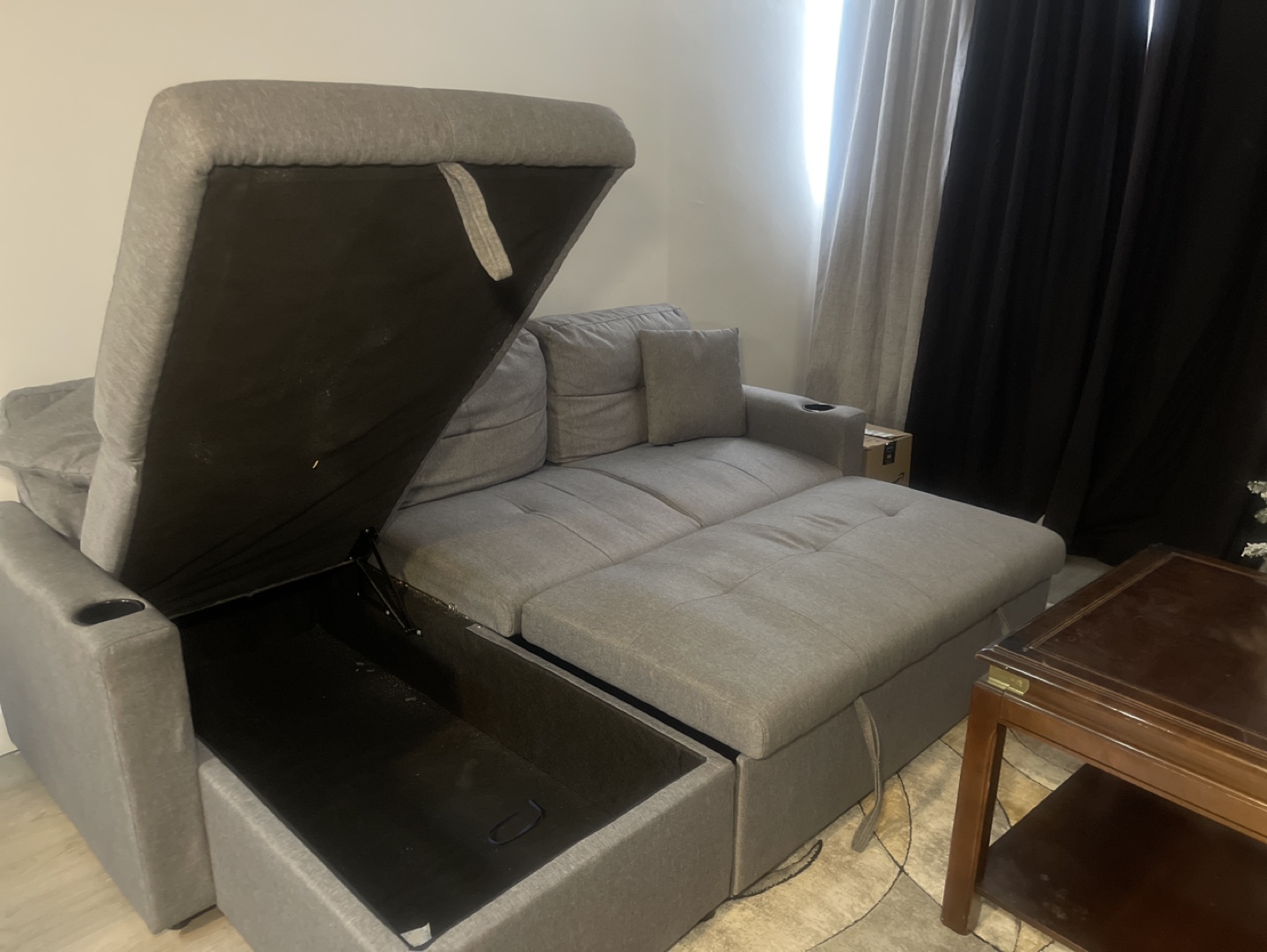 Grey Sectional Sofa Bed with Storage and wooden Coffee Table