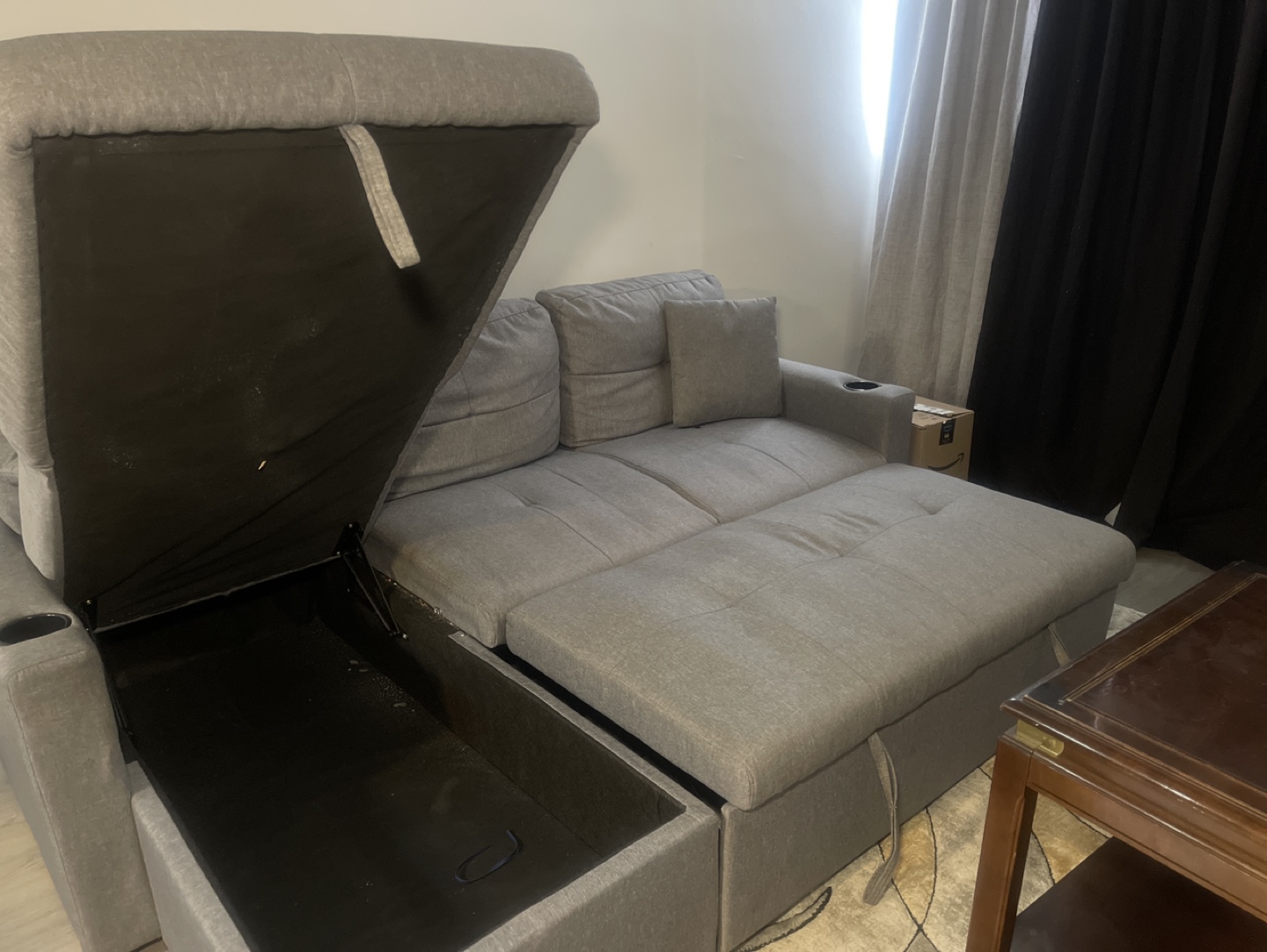 Grey Sectional Sofa Bed with Storage and wooden Coffee Table - photo 2