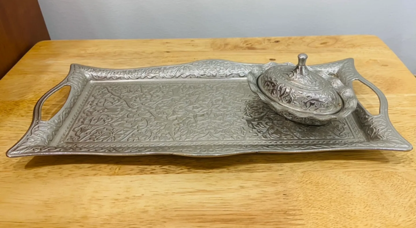 Ornate Silver Serving Tray with Raised Edges image indicator(7)