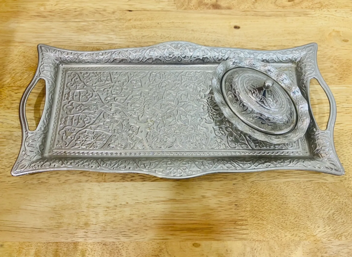 Ornate Silver Serving Tray with Raised Edges image indicator(8)