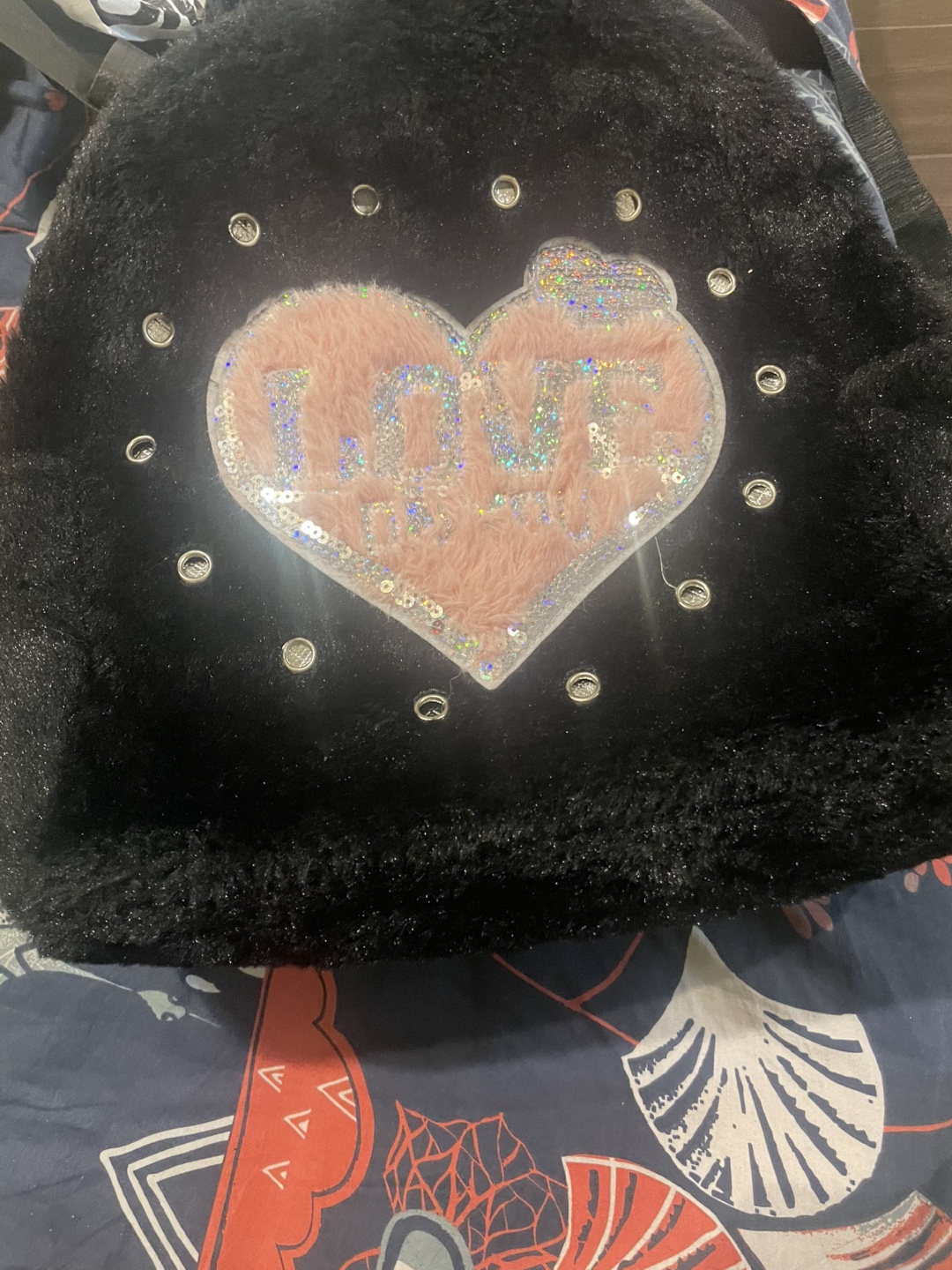 Black Faux Fur Backpack with Heart Detail