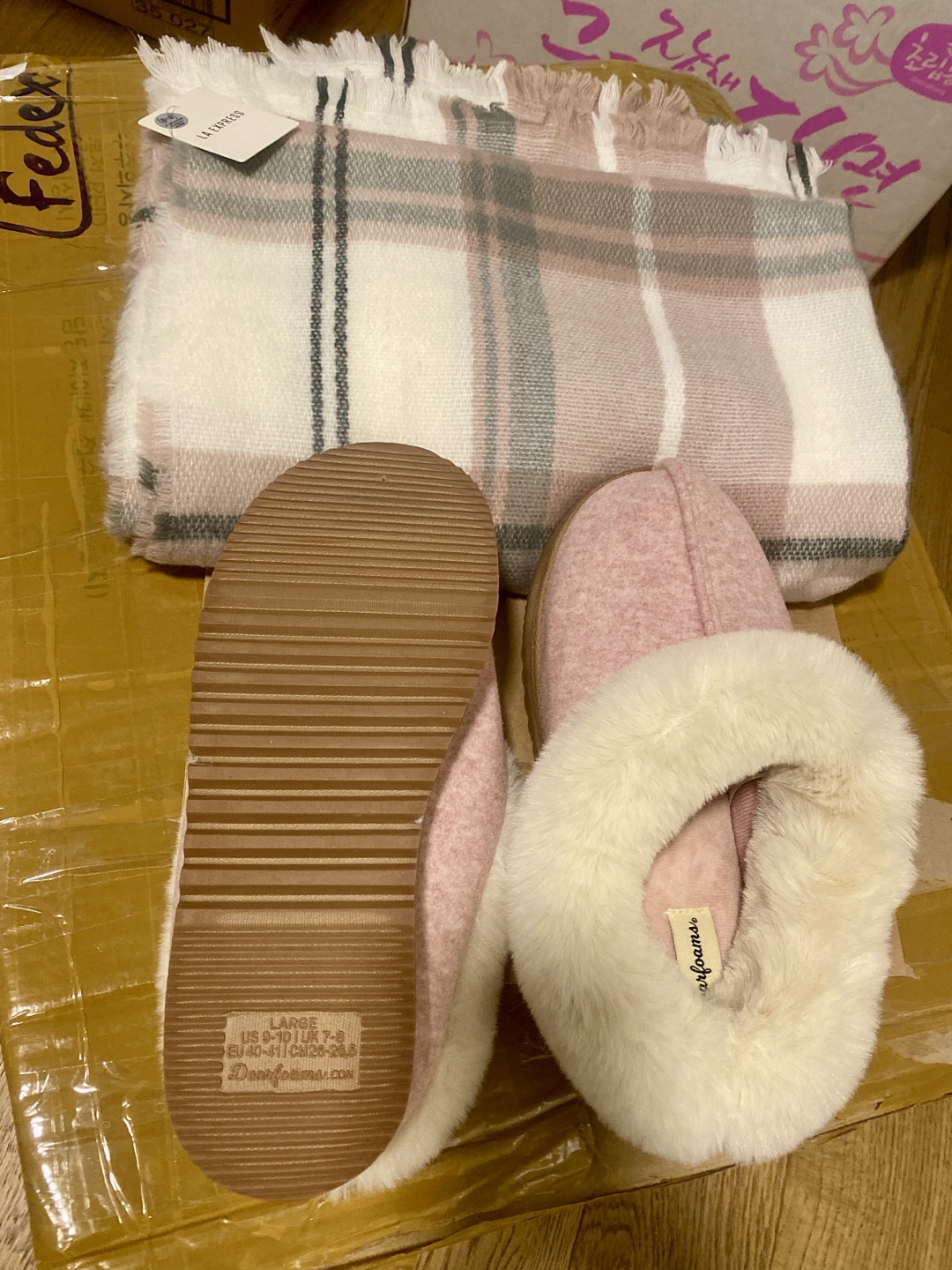 Women's Pink Slippers + Warm scarf.