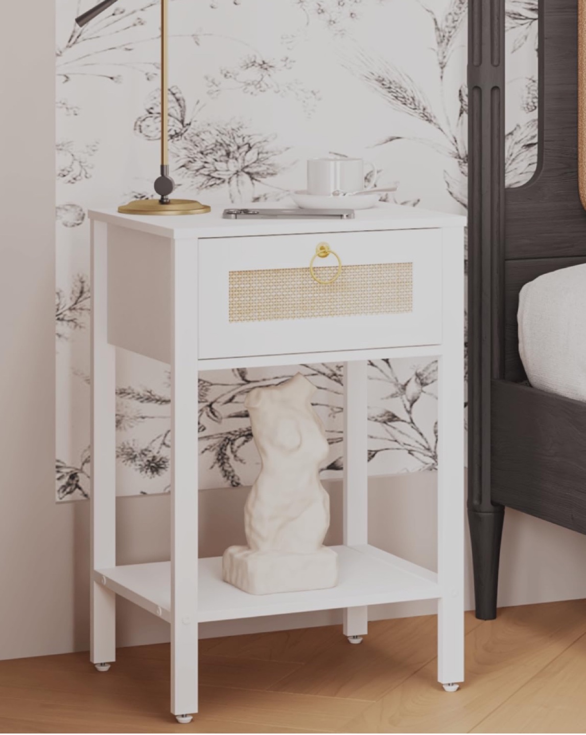 White Nightstand with Drawer and Shelf